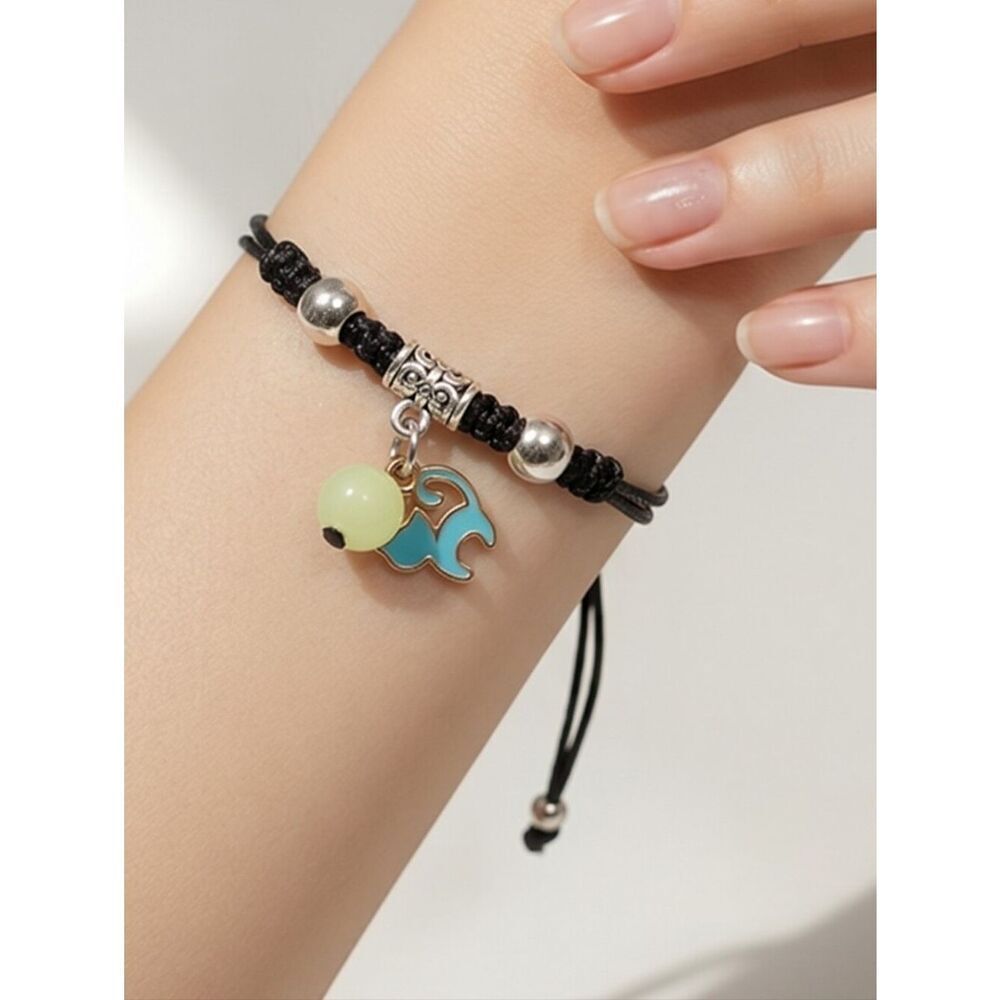 Blue Cat Glow-In-The-Dark Bracelet 😻 Black Adjustable Cord Wristband Trendy Y2K